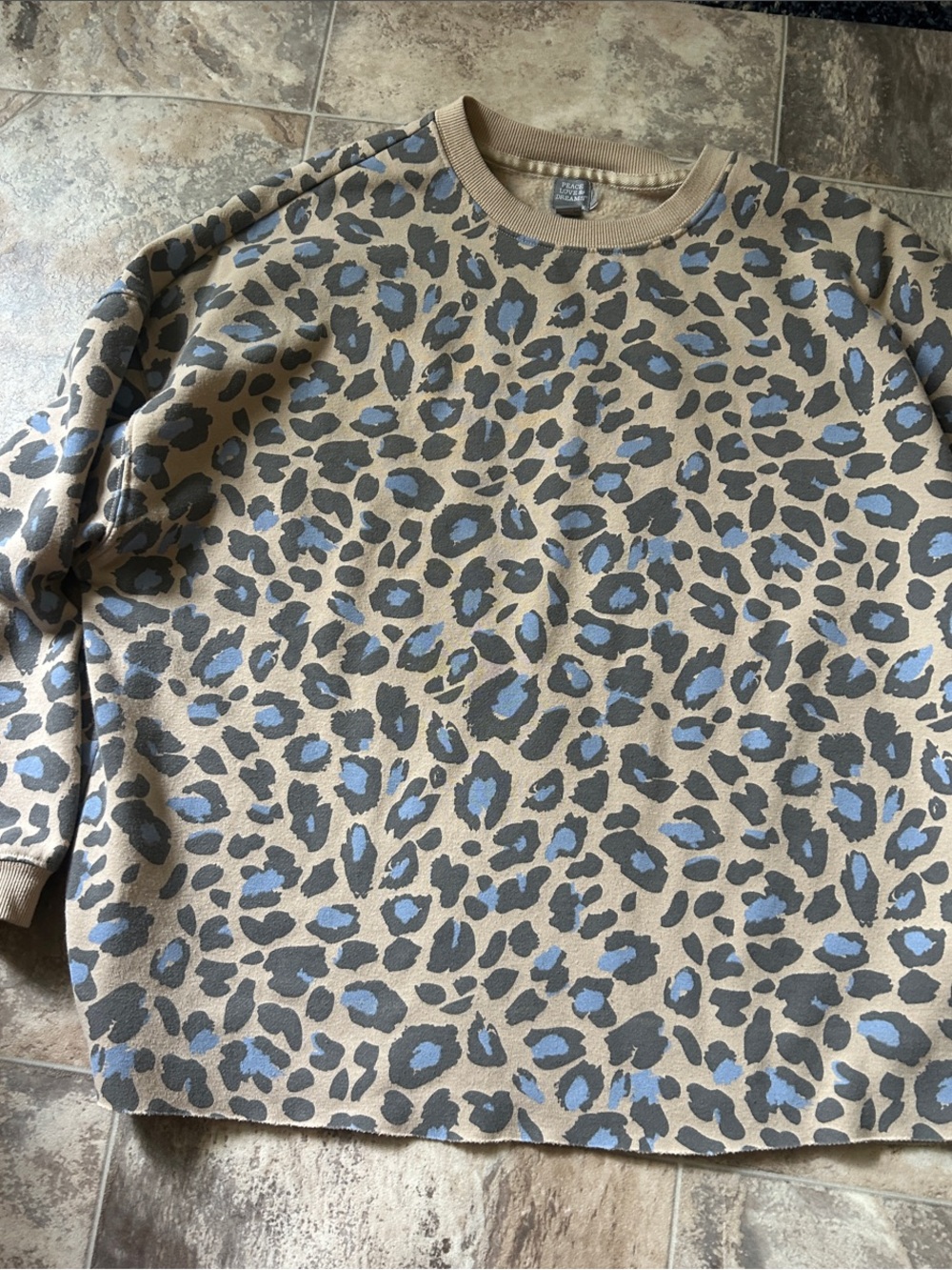 Leopard Print Crewneck Sweatshirt - Tan & Blue